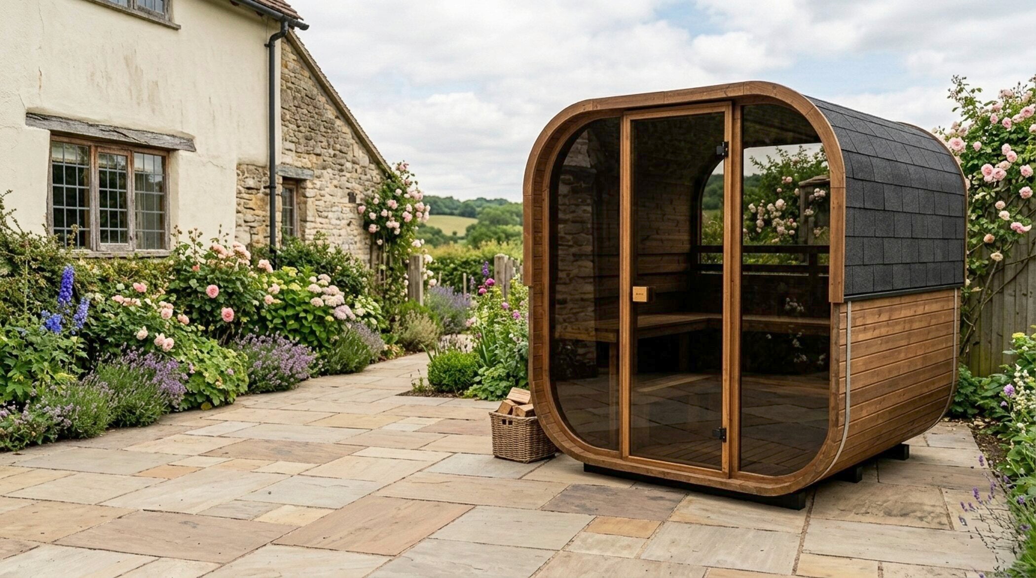 Wooden garden sauna with glass door on a stone patio in a garden setting