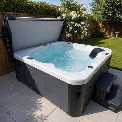 Azure hot tub on a patio