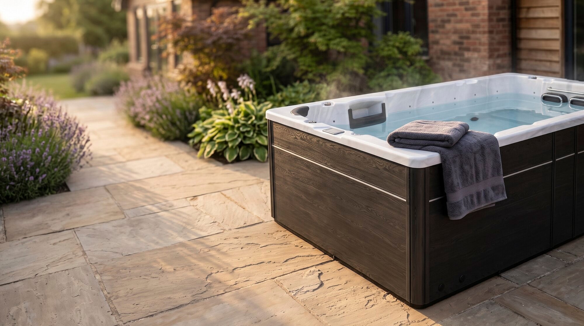 Swim spa on a patio in a UK garden