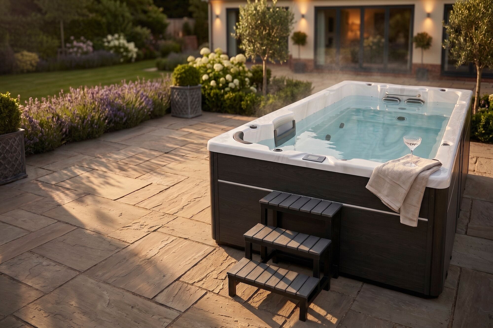 Swim spa on a patio in a British garden