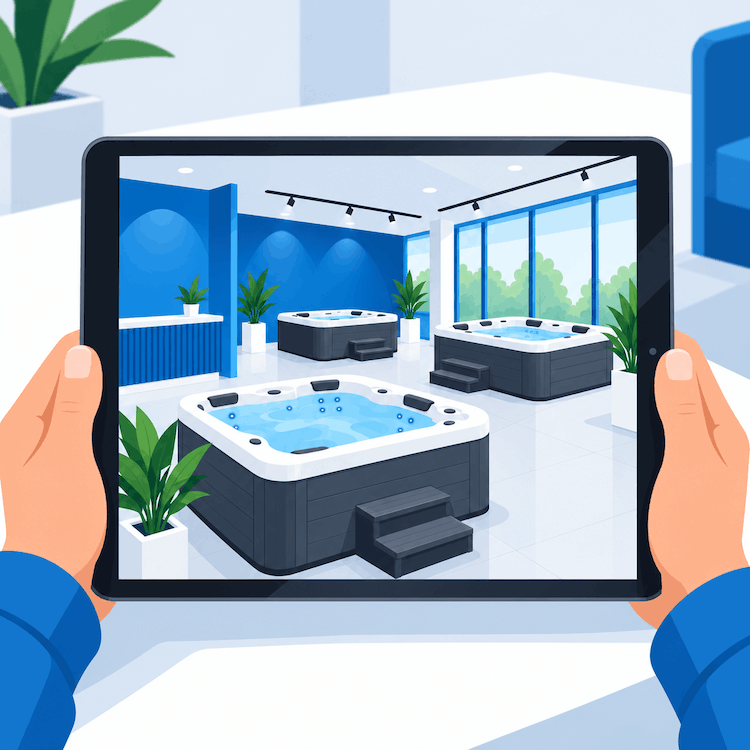 Hot tub showroom on an iPad graphic