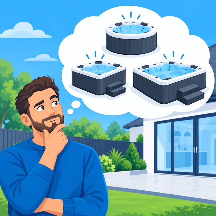 Graphic of a man thinking about hot tubs