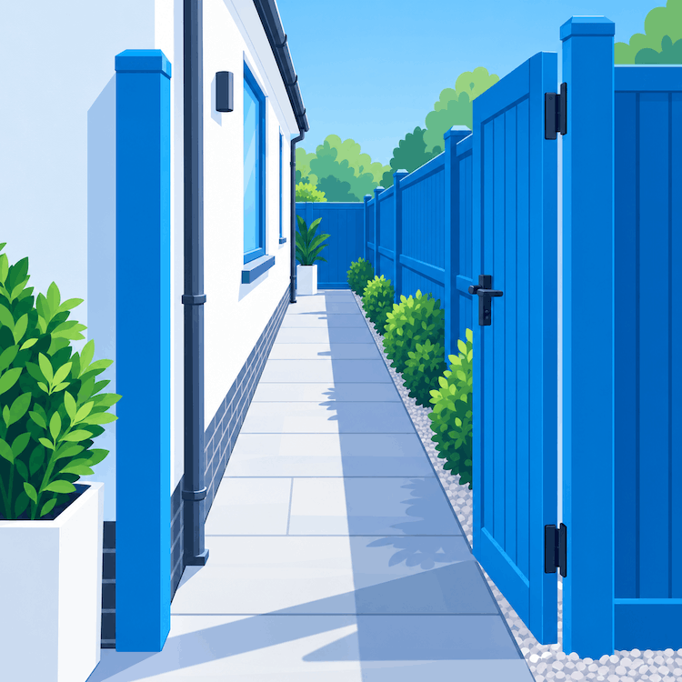 Graphic of a side pathway down the side of a house with an open gate