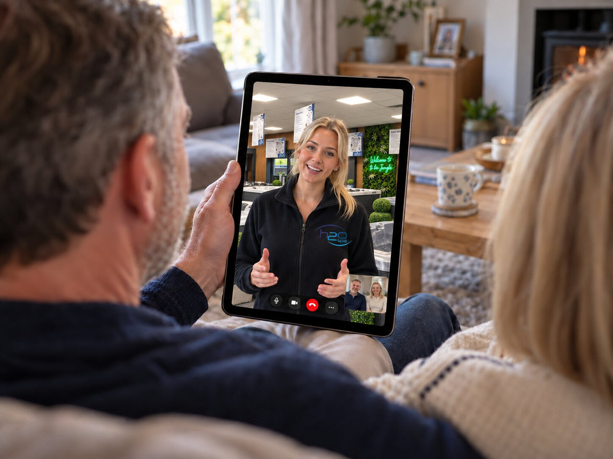 Hot tub virtual showroom appointment between a middle-aged couple and a sales person 