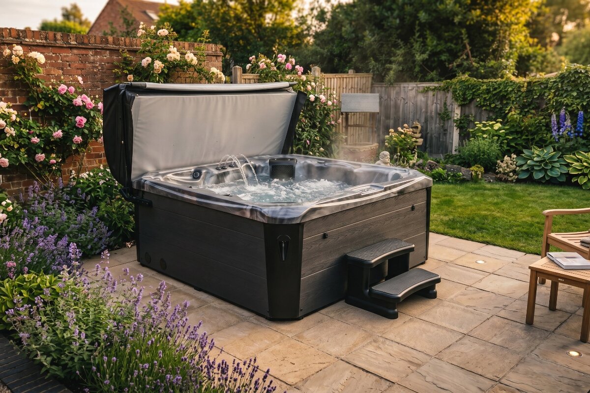Hot tub on a patio in a garden