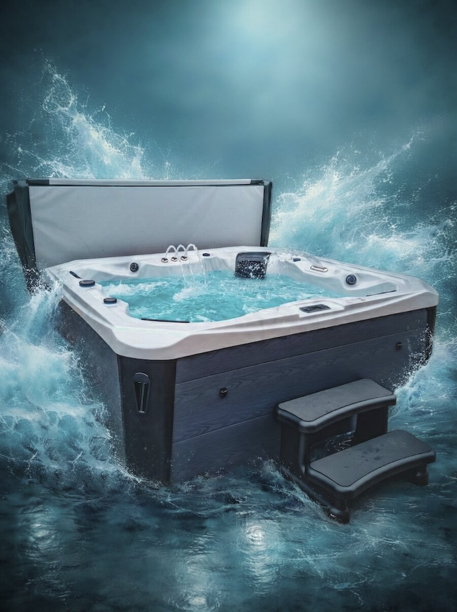 Hot tub with water splashing around it against a blue background