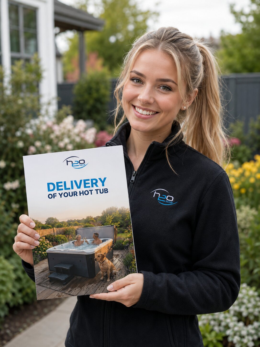 Blonde woman holding a hot tub delivery guide for the camera's benefit, wearing a H2O Hot Tubs fleece